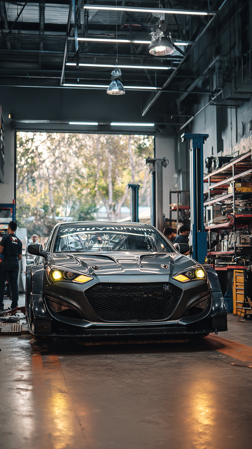 A dark grey racing car with yellow headlights inside a spacious workshop, surrounded by automotive tools and shelves, with large open windows showing trees outside.