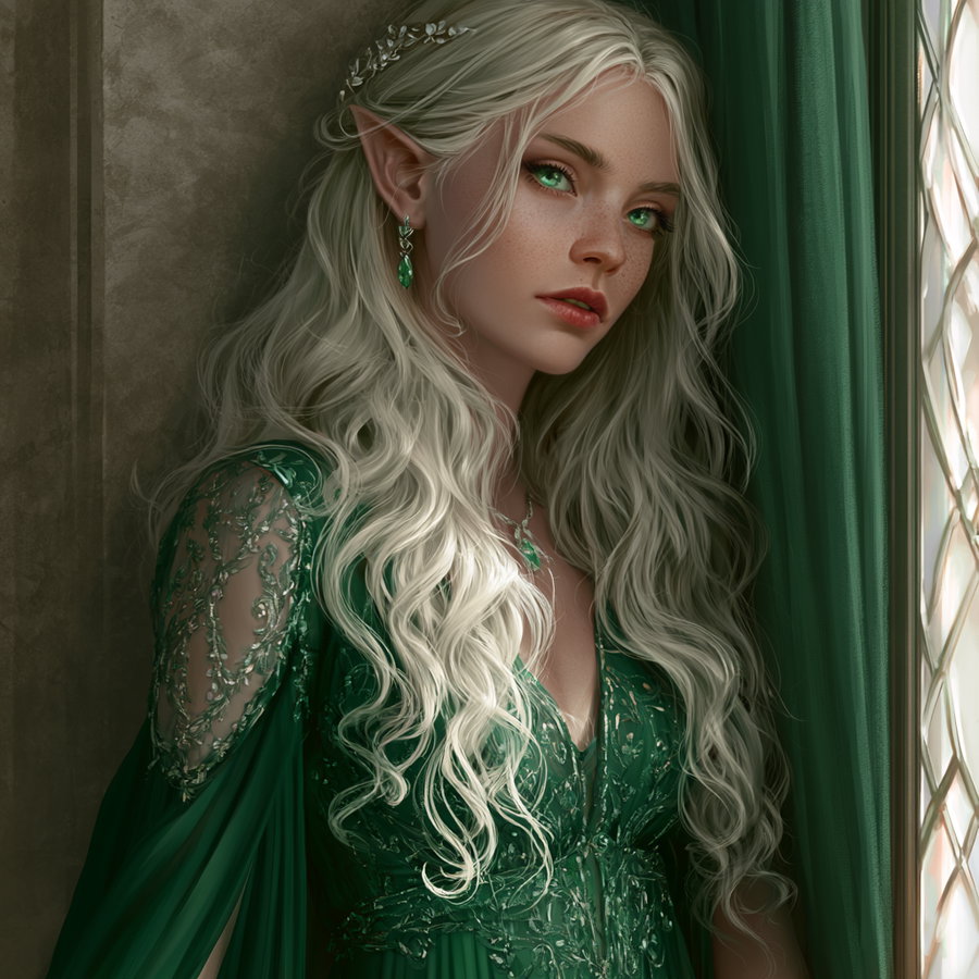 Portrait of a fantasy elf woman with long white hair, green eyes, and pointed ears, wearing an intricately embroidered green dress with sheer sleeves, standing next to a window with green curtains