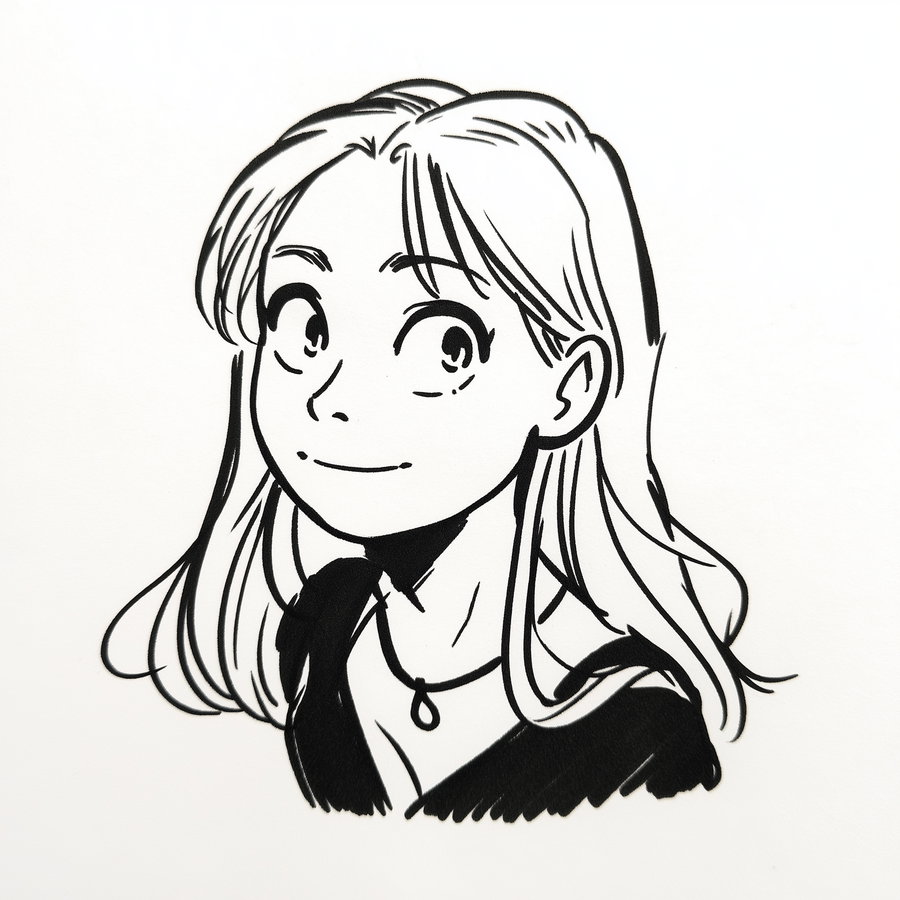 Ink illustration of a young girl with shoulder-length hair, big eyes, and a small smile, wearing a necklace and a dark top
