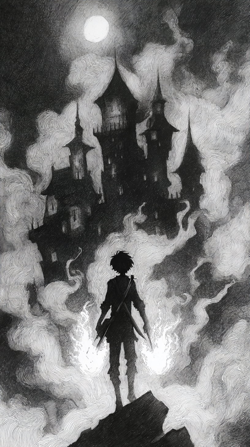 Black and white high-contrast sketch showing a silhouetted figure with fire in both hands standing on a rock, looking at a tall gothic castle surrounded by dense swirling smoke and a bright full moon overhead