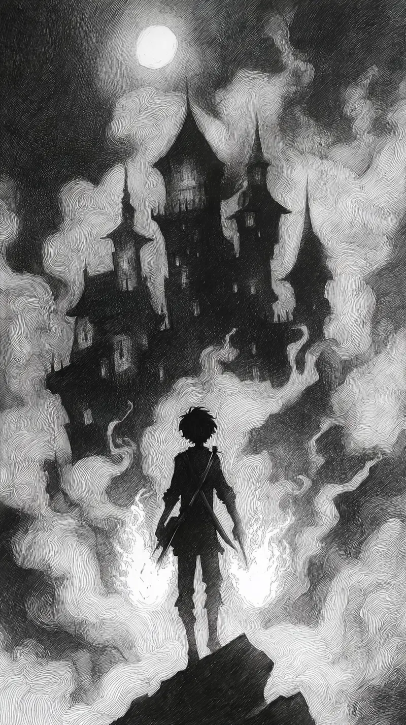 Silhouette of a figure holding flames facing a gothic castle under a full moon