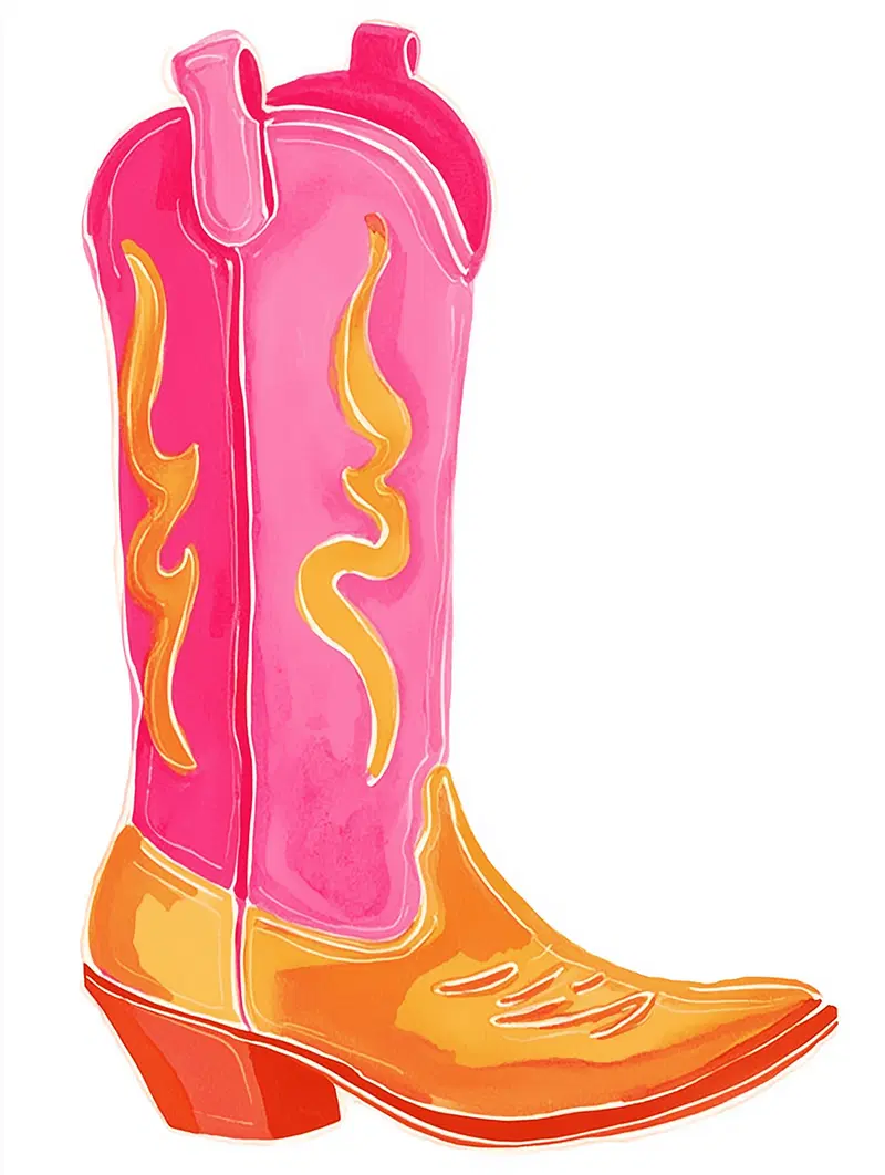 Colorful watercolor illustration of a western cowboy boot with pink and orange tones