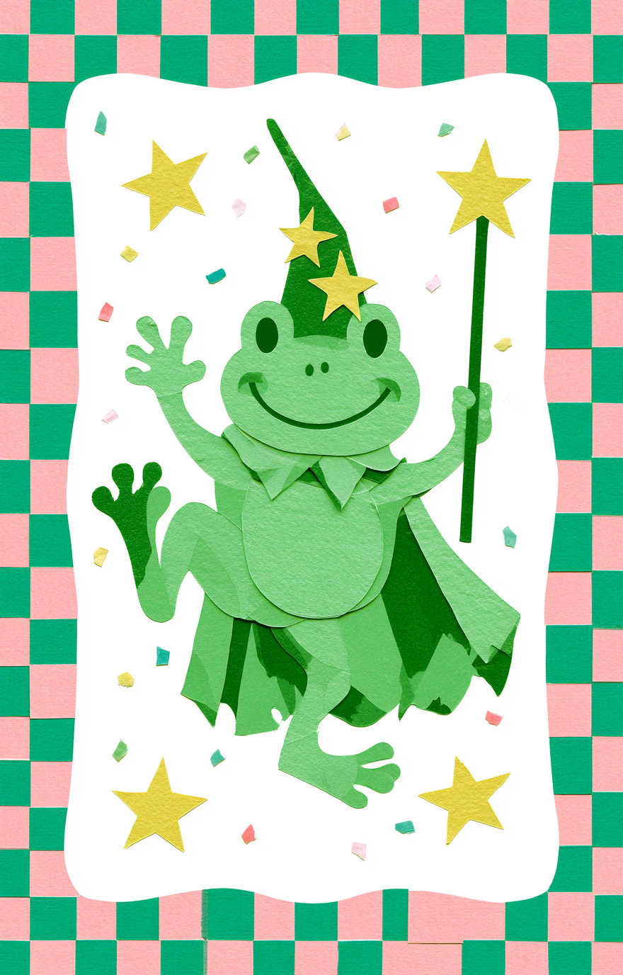 Paper cut art of a happy green frog wearing a wizard hat and cape, holding a star wand, surrounded by yellow stars and confetti, on a pink and green checkered background