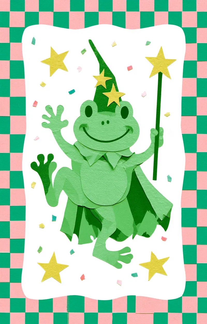 Whimsical frog wizard with stars in colorful checkered frame