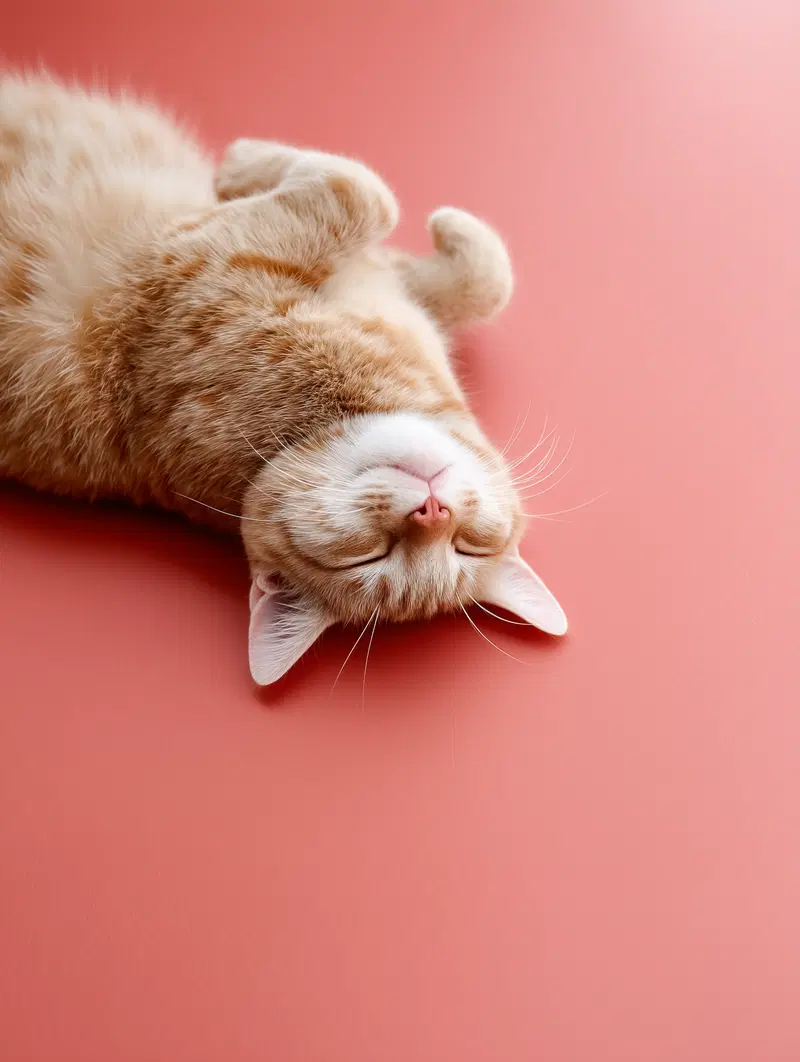 Cute ginger cat lying on its back on a soft pink background