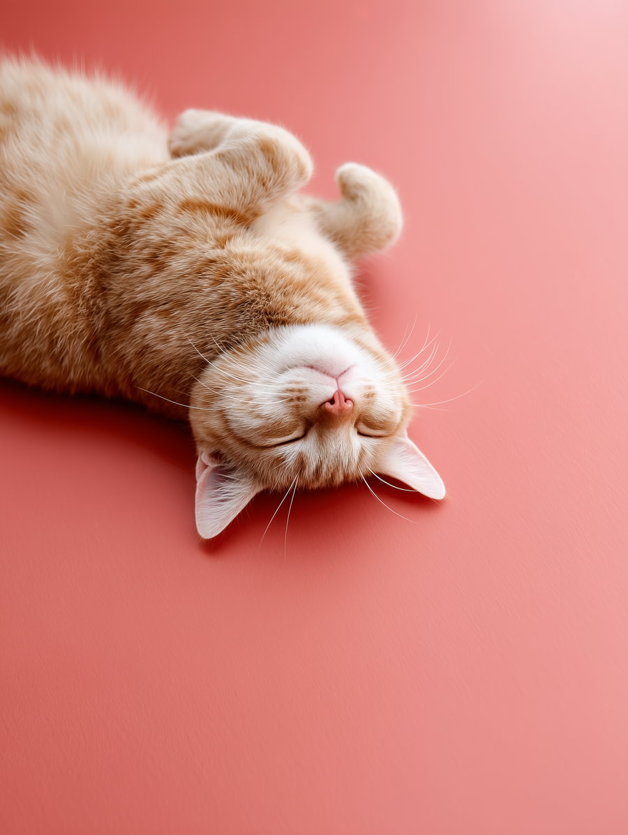 Ginger cat with white markings lying on its back on a smooth pink surface with eyes closed