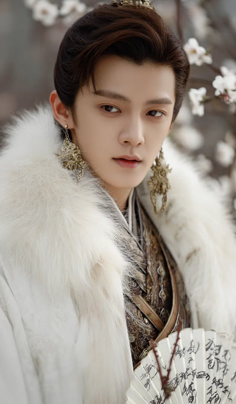 Elegant portrait of a young person in luxurious traditional attire holding a fan