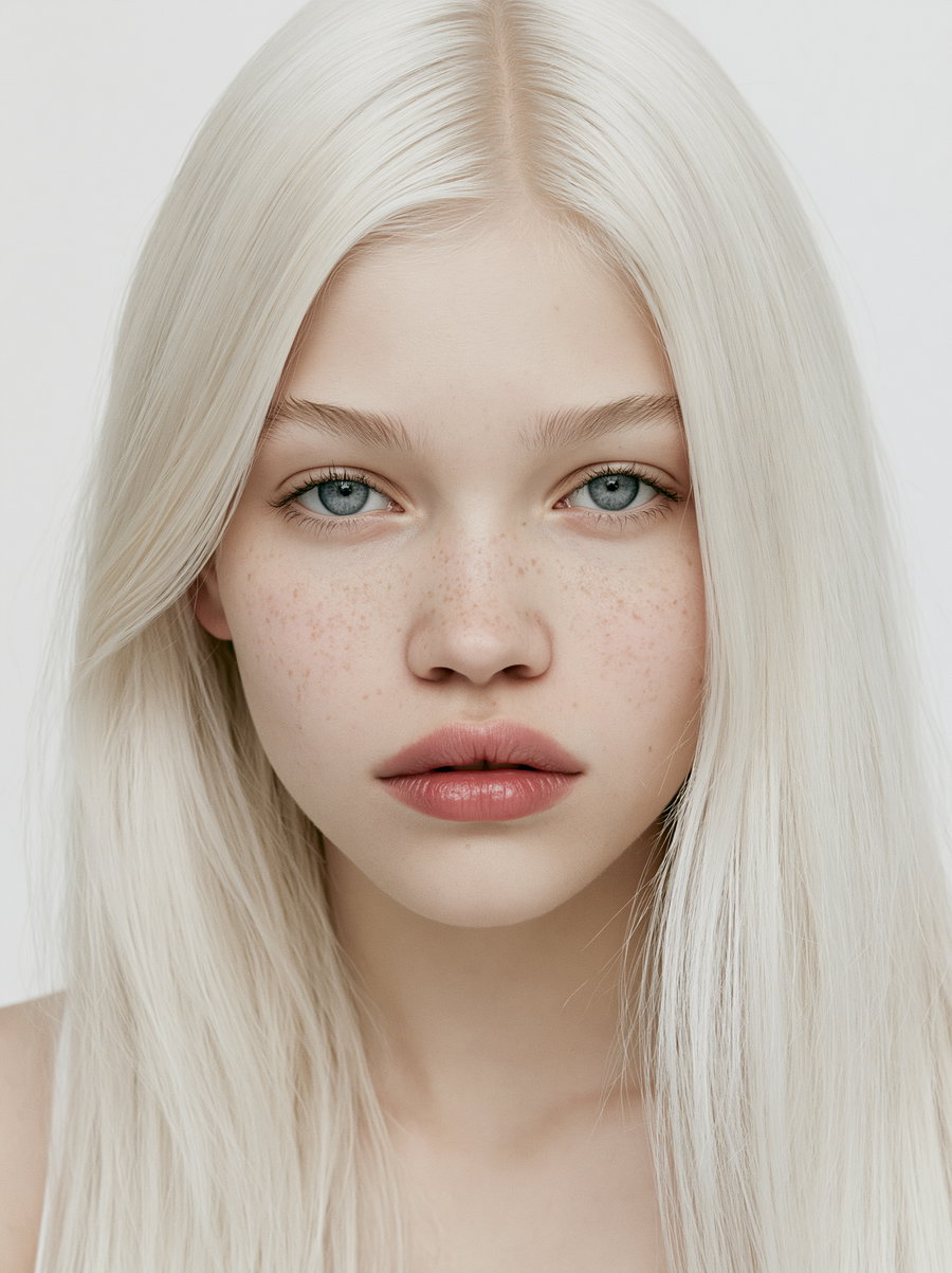 Close-up image of a young woman with straight platinum blonde hair, blue eyes, light skin with freckles, and natural lips, looking directly at the camera against a plain white background