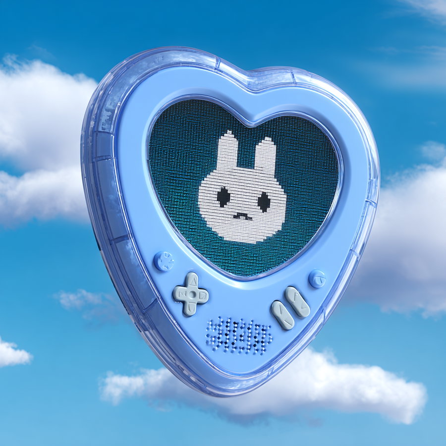 A floating heart-shaped digital device in blue with pixelated bunny face on screen against a cloudy blue sky