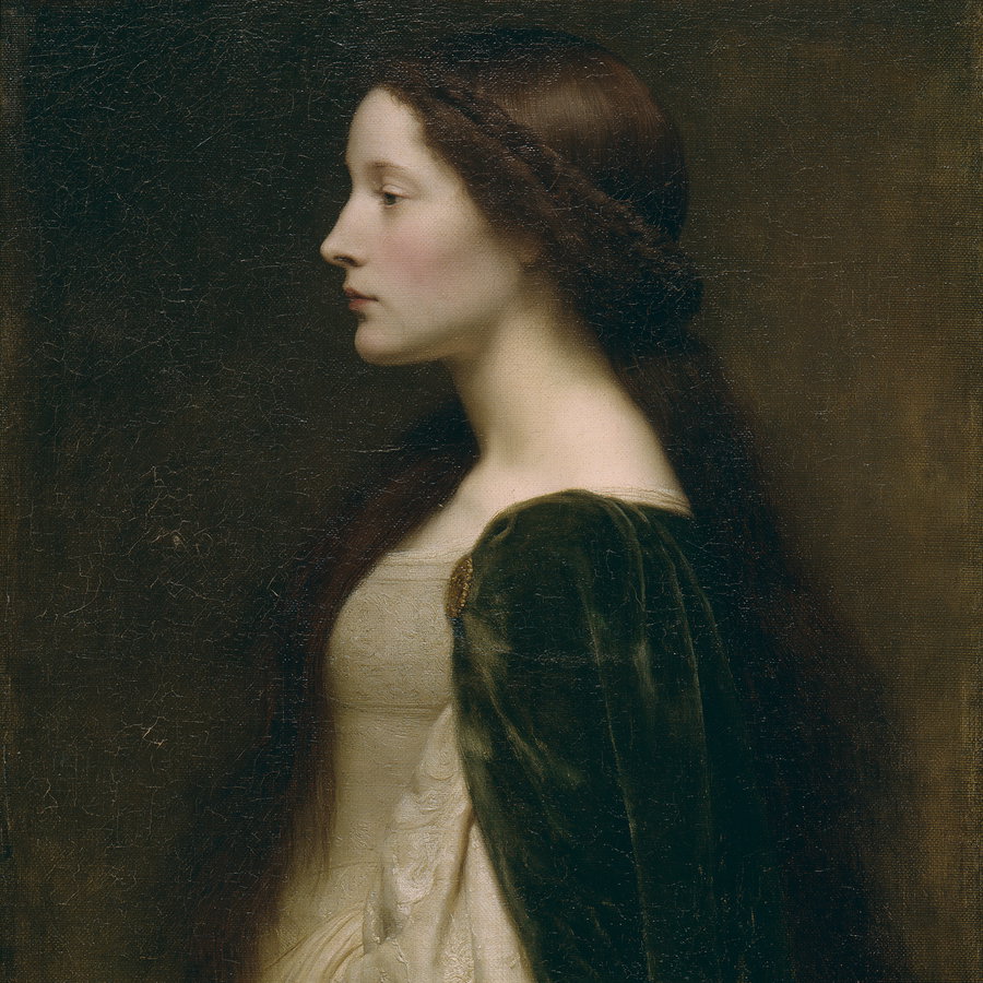 Oil painting of a woman shown in profile with long brown hair and a braided headband, wearing a dark green velvet garment over a cream dress, against a dark background.
