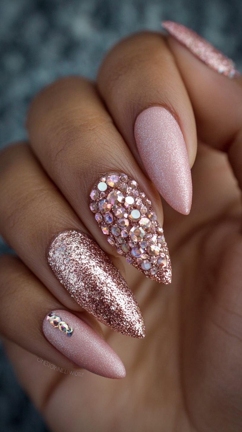 A hand with long stiletto-shaped nails painted in pink tones with glitter and rhinestone decorations