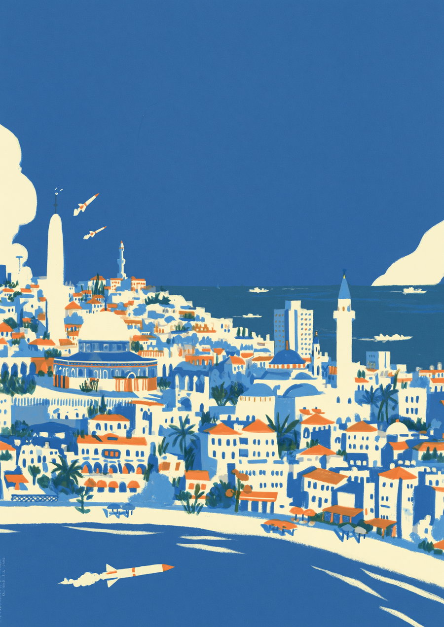 Illustration of a coastal town with white buildings and orange roofs, blue sea, and three rockets in the sky and one on the sea near the beach