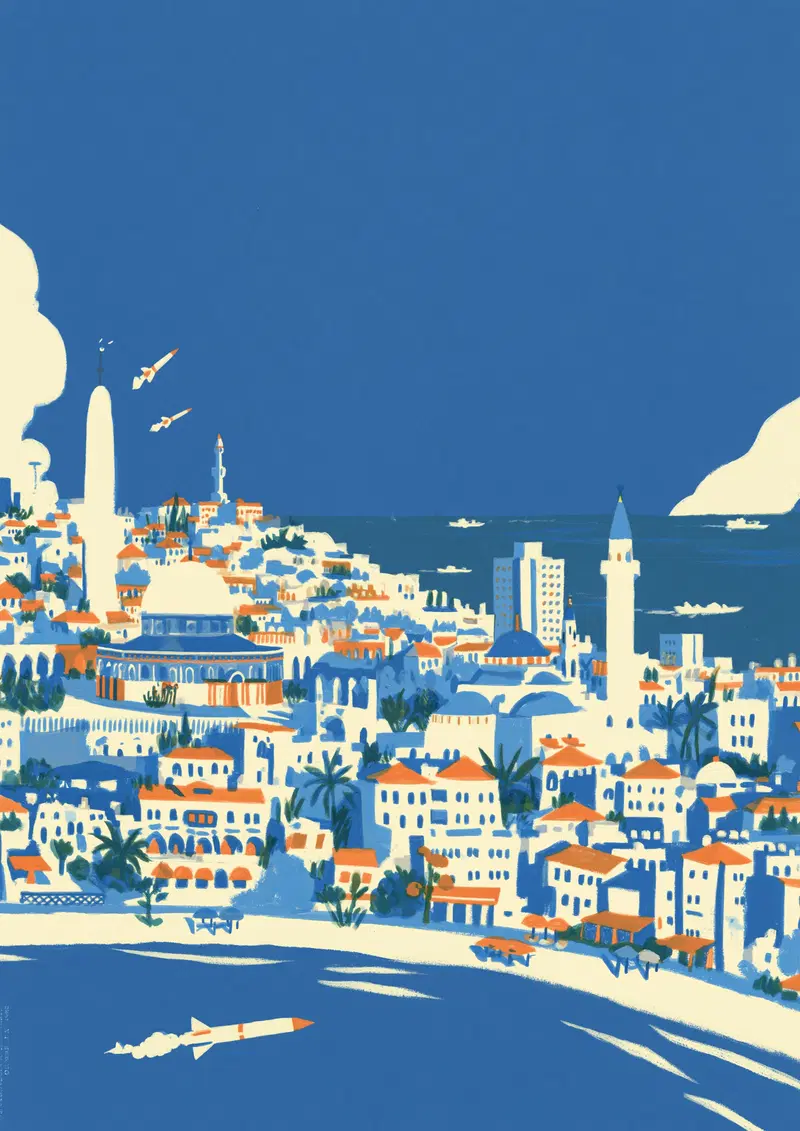 Retro style coastal town illustration with rockets and sea view