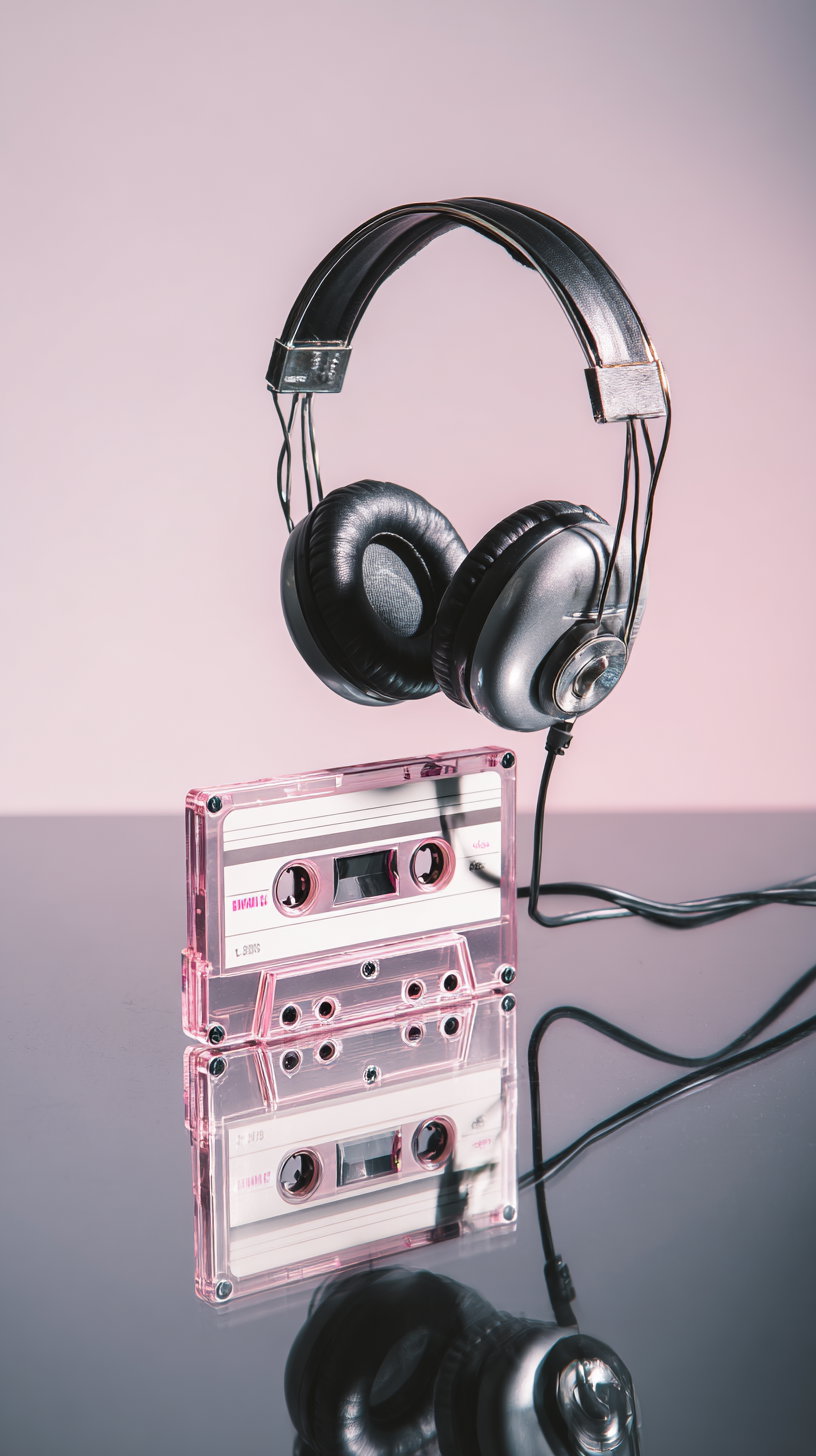 A pair of black headphones hanging above a pink cassette tape on a reflective surface with a light pink background