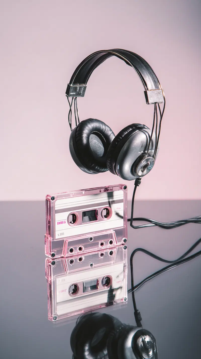 Retro styled image of headphones and a cassette tape on reflective surface