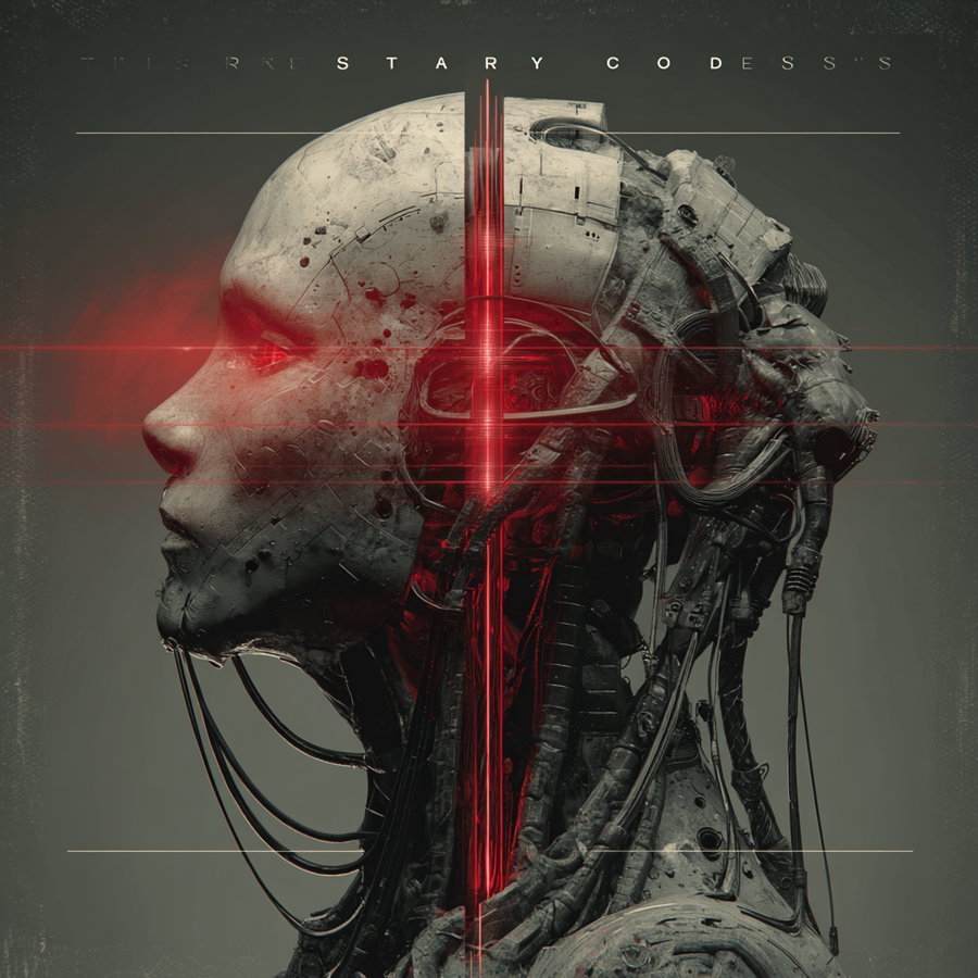 side view of a humanoid robotic head with a weathered surface and exposed mechanical parts, highlighted by a red glowing cross shape over the eye area
