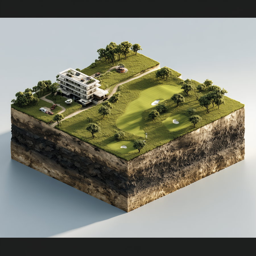 3D cross-sectional model showing a golf course with sand bunkers, a modern multi-storey building, trees, parked vehicles, and layered earth beneath