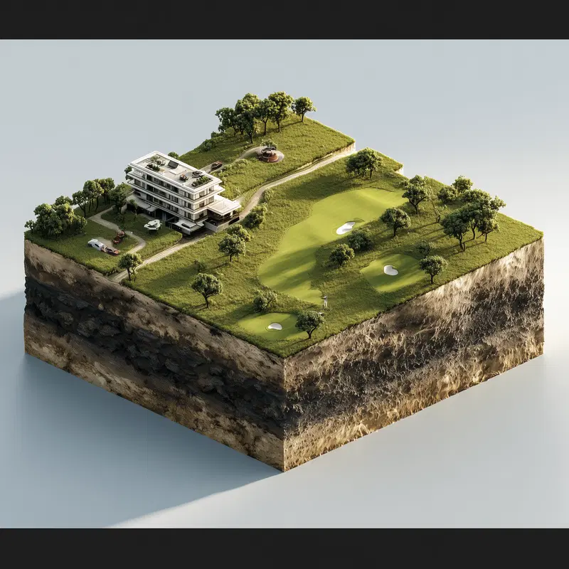 Detailed cross-section of a lush golf course with a modern building and surrounding trees
