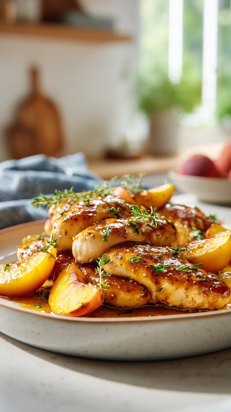 Close up of glazed baked chicken breasts with peach slices and thyme garnish