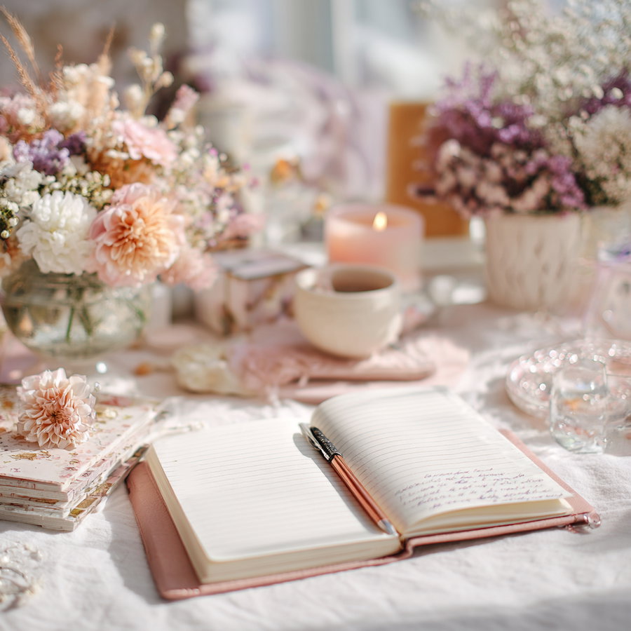 A delicate arrangement of soft pastel flowers in glass and ceramic vases next to an open notebook with a pen, a lit candle, and a cup on a light fabric surface