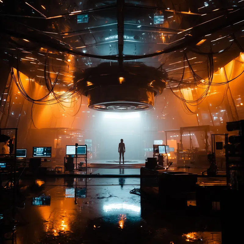 Futuristic laboratory with a silhouette figure under glowing ceiling installation