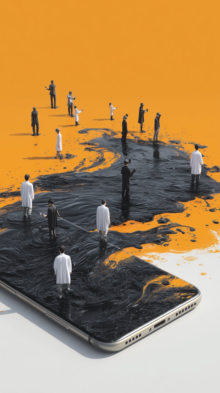 A group of small human figures, some in white coats and others in black clothes, standing on and emerging from a large smartphone screen covered with a swirling black liquid on an orange background