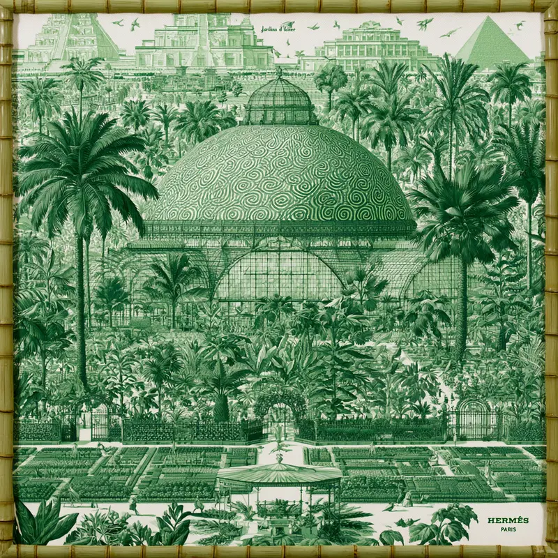Intricate Botanical Illustration Featuring a Botanical Garden Dome