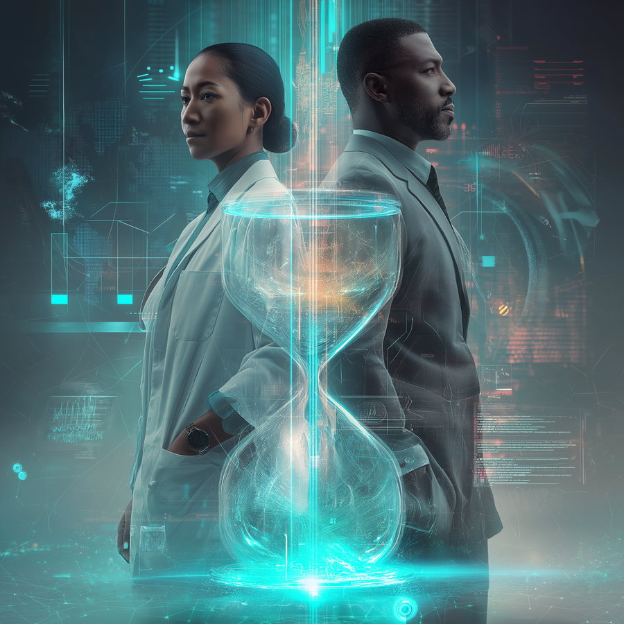 A woman in a white coat and a man in a suit stand back to back with a glowing blue hourglass hologram between them and digital futuristic graphics in the background