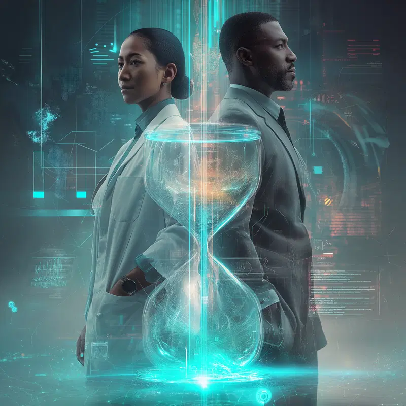 Modern digital art featuring two professionals with a glowing hourglass symbol