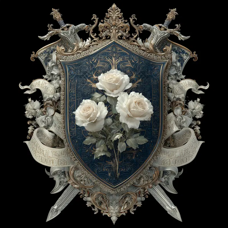 Ornate Classic European Decor Featuring White Roses on a Heraldic Shield