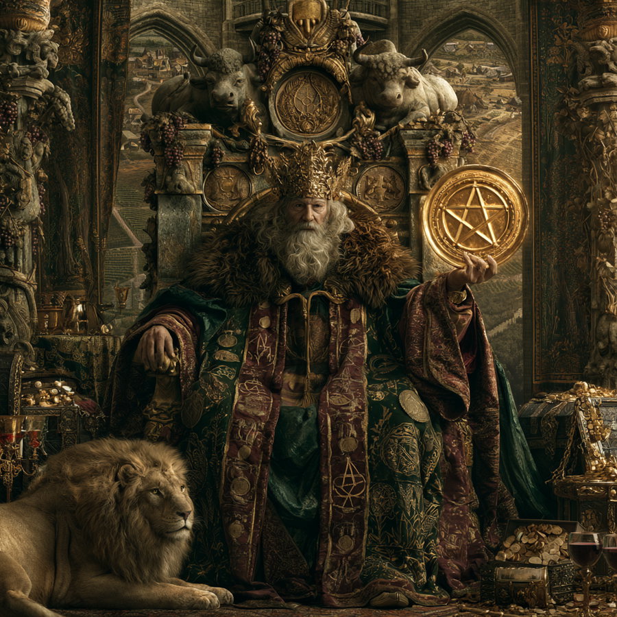 A majestic king with a golden crown and a long beard sits on an ornately carved stone throne adorned with bulls' heads, surrounded by gold treasures and a lion at his side, holding a golden pentagram