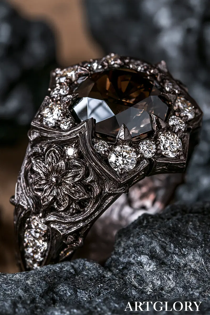 Close-up of a vintage style silver ring with a large central gemstone