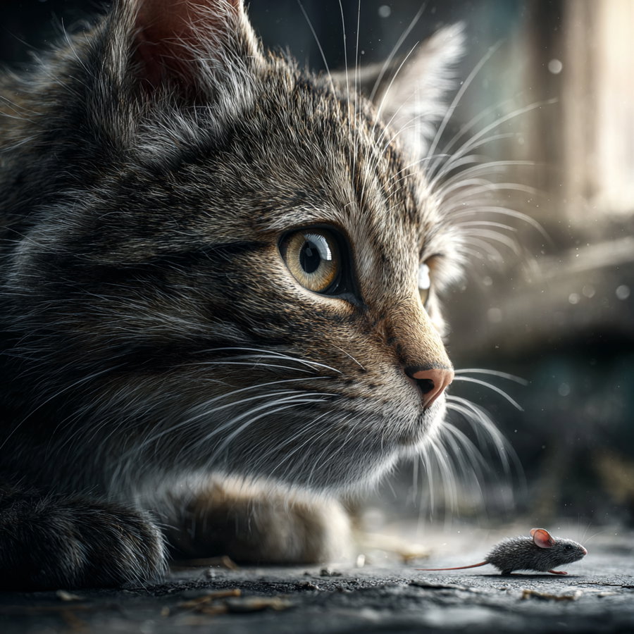 A detailed close-up image of a tabby cat intently watching a tiny mouse on the ground with soft background lighting