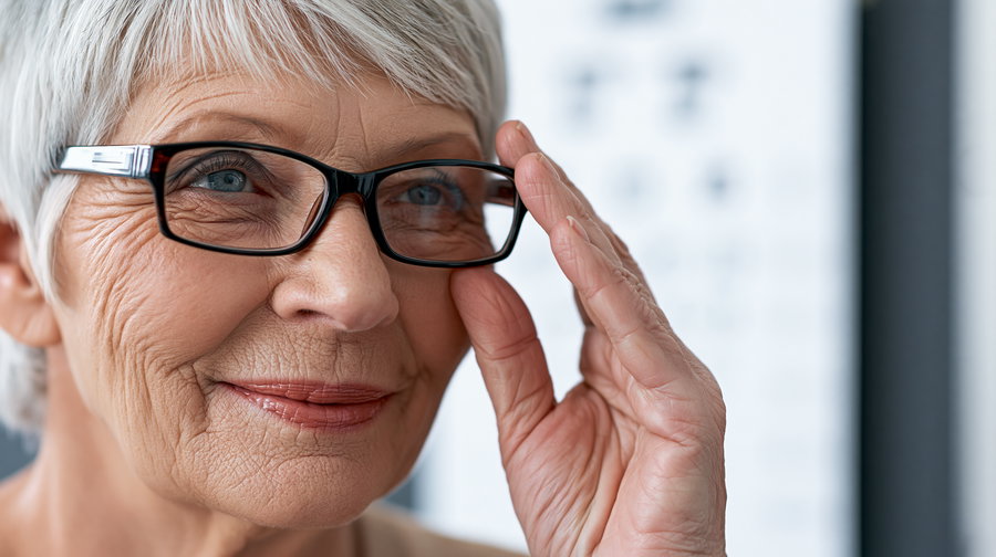 A close-up photo of an elderly woman with short white hair, blue eyes, and glasses, gently touching the frame of her glasses with a smile
