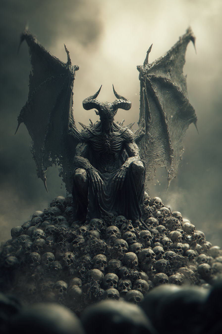 A dark fantasy digital artwork depicting a demonic figure with large tattered wings and horns sitting on a throne made of numerous human skulls, surrounded by a foggy and ominous atmosphere.
