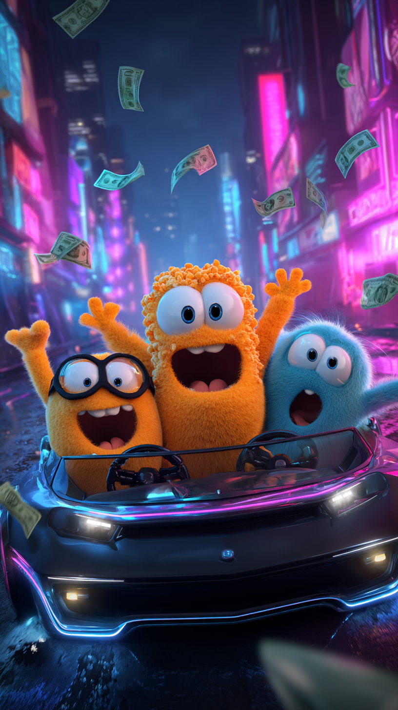 Three colorful furry animated characters in a car with happy expressions, surrounded by floating money, neon lights, and a city street at night