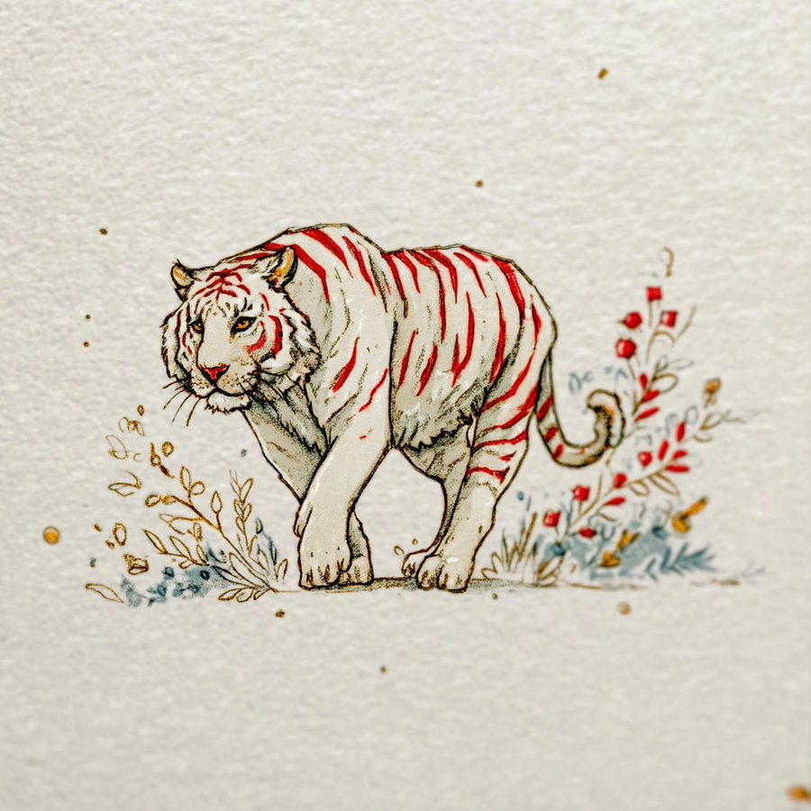 A detailed watercolor-style drawing of a white tiger with red stripes walking amidst colorful decorative floral elements on a textured paper background