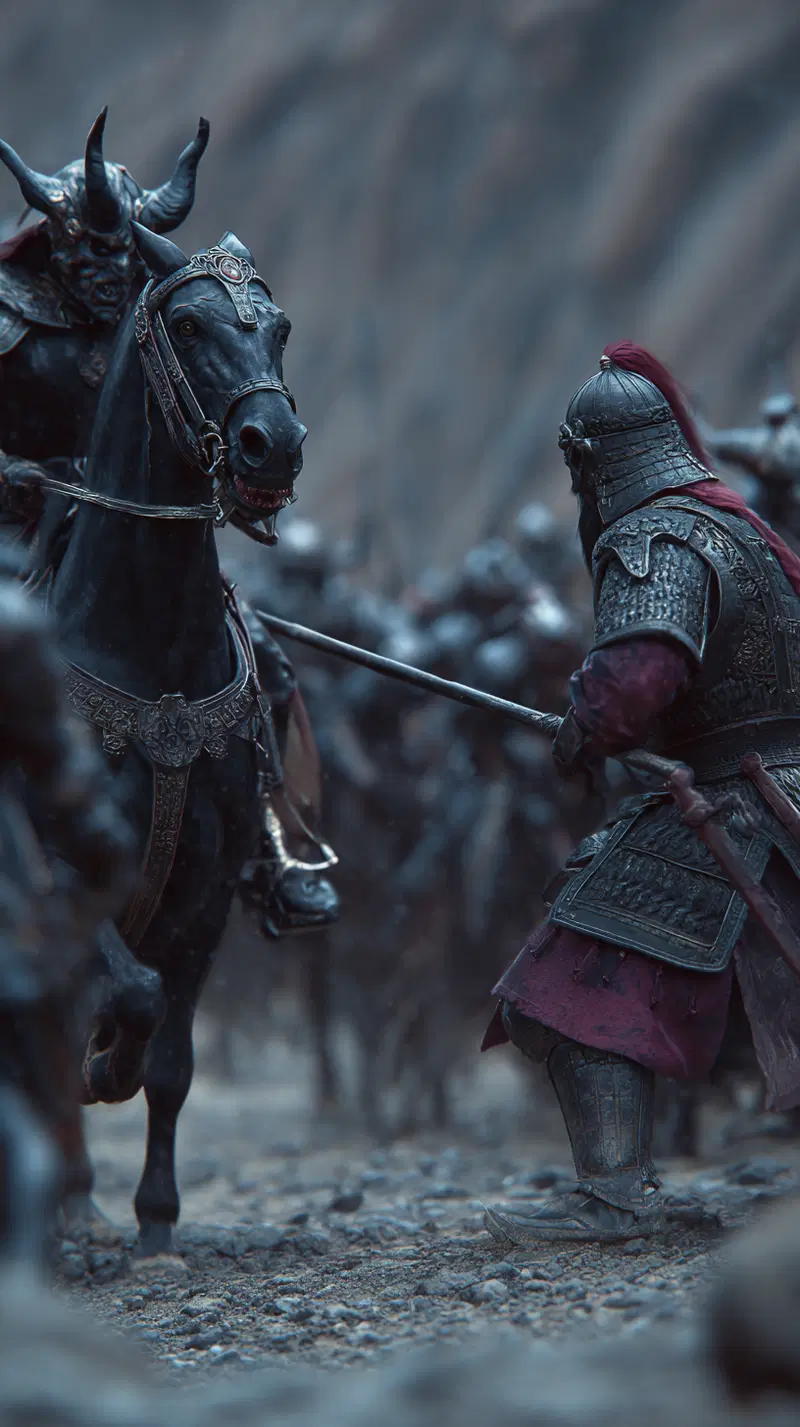 Medieval warrior in armor facing a fierce knight on horseback in battle