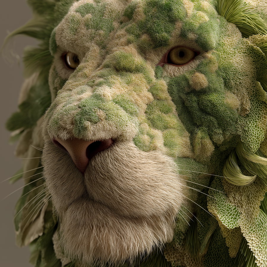 Close-up of a lion's face with fur and green moss-like botanical textures blending into its mane and skin