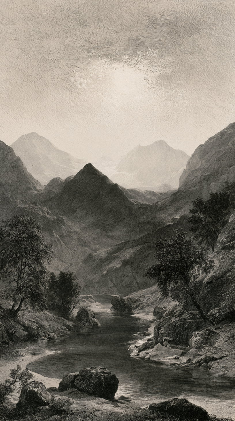 Black and white print of a mountainous landscape with a river flowing through a rocky valley, and trees scattered along the riverbank