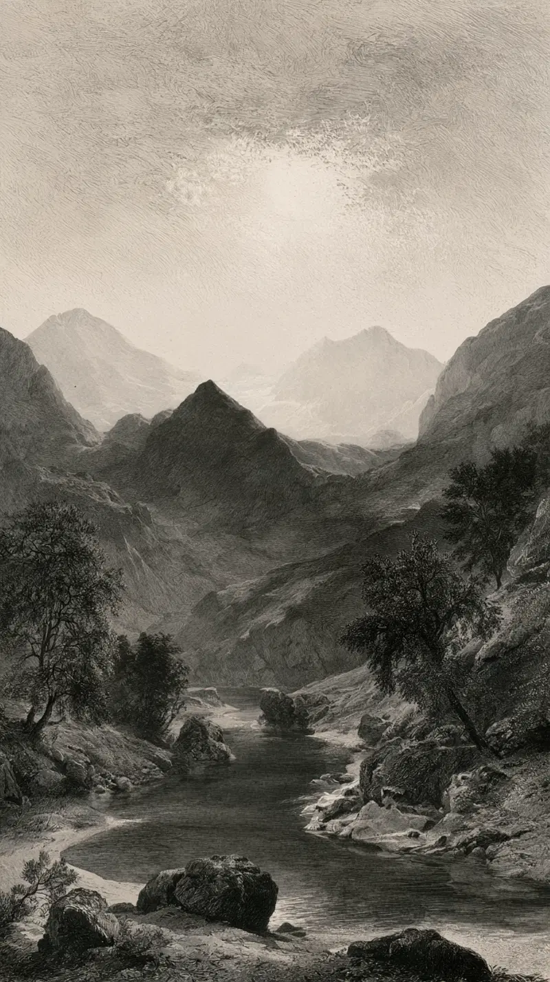 Monochrome vintage landscape art with mountains and river scene