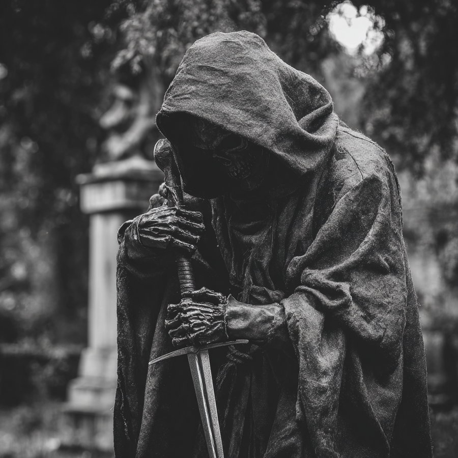 Black and white image of a hooded skeleton holding a sword, with a blurred background of trees and a stone monument
