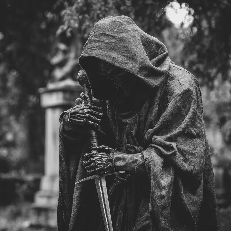 Black and white dark art featuring a skeletal figure in a hooded cloak
