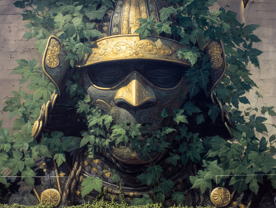 A detailed artwork of a golden samurai helmet partially covered by green ivy leaves growing over it on a textured wall background