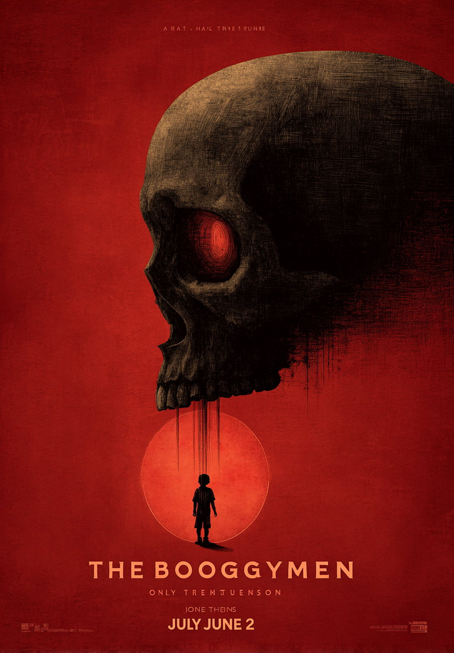 A large dark skull with red eyes dominates the upper right against a red background, with a silhouette of a boy standing in front of a glowing red circle below the skull.