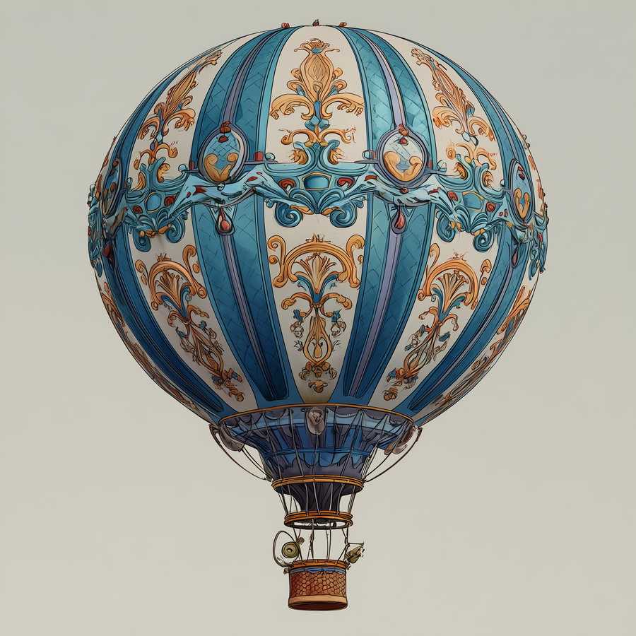 Illustration of a hot air balloon with blue and cream-colored vertical stripes and intricate gold ornamental designs, with a wicker basket at the bottom on a plain beige background