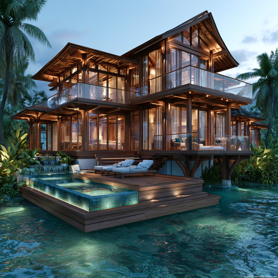 A large modern tropical wooden house on stilts over water, surrounded by palm trees and lush plants, with illuminated swimming pool and deck chairs on a wooden platform at dusk