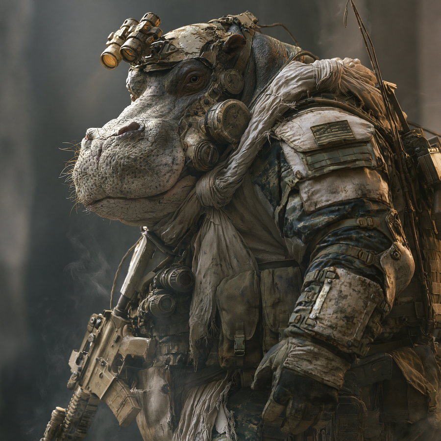 A humanoid hippopotamus wearing detailed military gear and equipment, including a rifle, headgear with optical devices, and tactical clothing