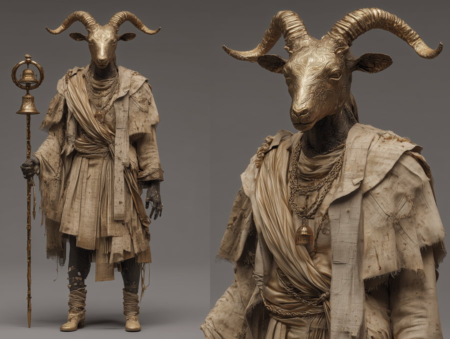 A detailed, gold-toned sculpture depicting a humanoid figure with the head of a ram, dressed in layered, textured fabrics and holding an ornate staff with a bell.