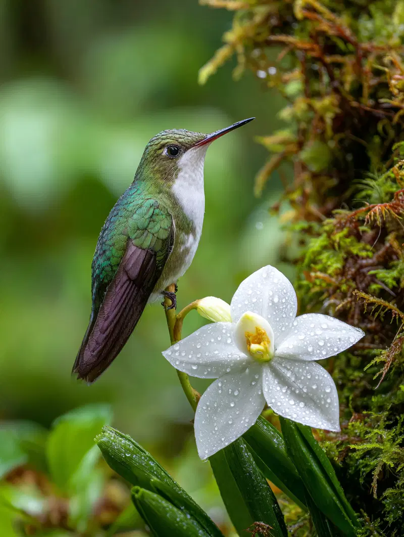 Close-up of a green hummingbird perched near a white flower with raindrops in a lush natural setting